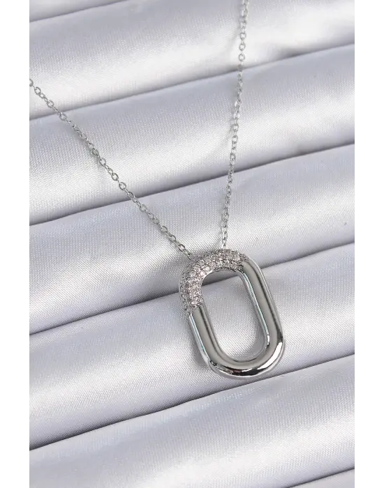  Zincir Gümüş  Zirkon Taşlı Oval Halka Model  Çelik Kolye