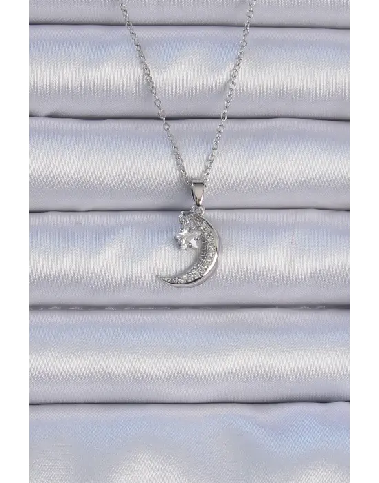  Zincir Gümüş  Zirkon Taşlı Sallantılı Ay Yıldız Çelik Kolye