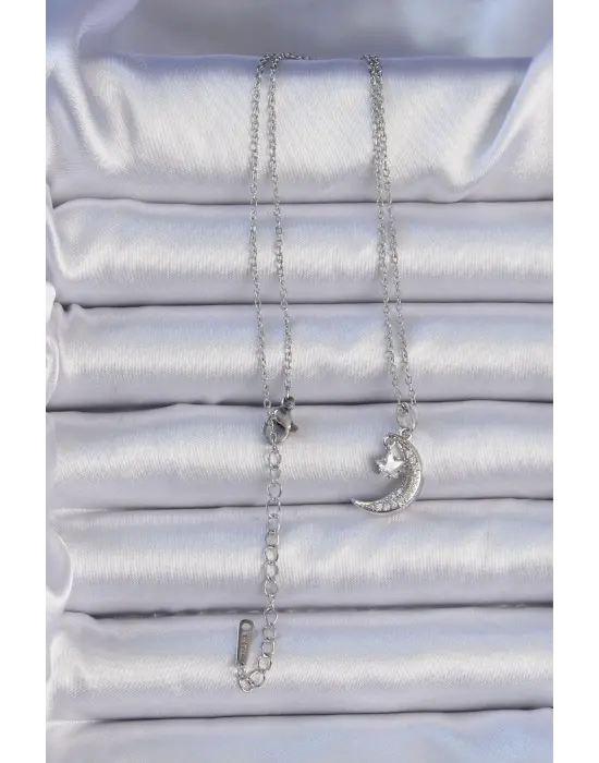  Zincir Gümüş  Zirkon Taşlı Sallantılı Ay Yıldız Çelik Kolye