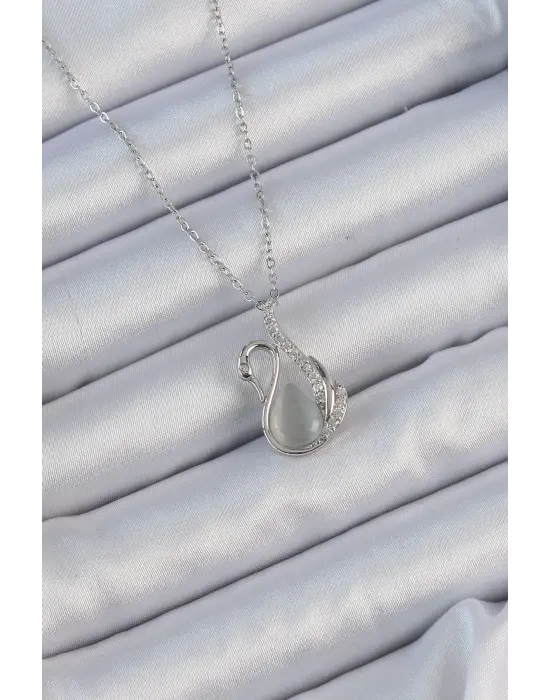  Zincir Gümüş  Zirkon Taşlı Sedefli Kuğu Çelik Kolye