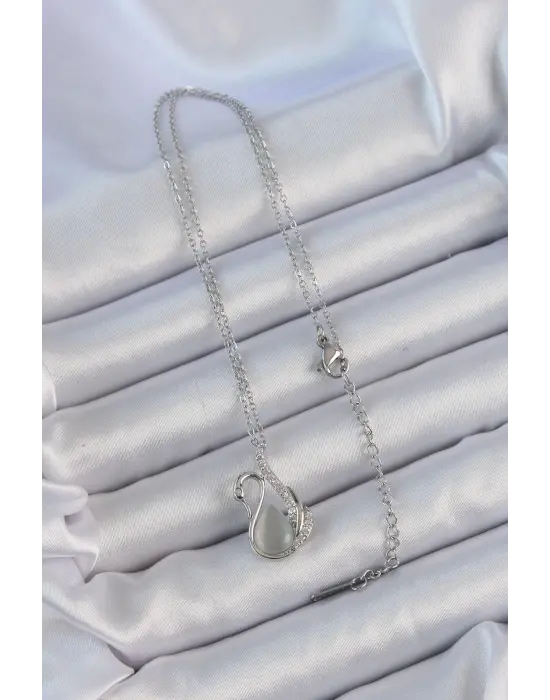  Zincir Gümüş  Zirkon Taşlı Sedefli Kuğu Çelik Kolye