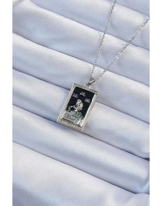  Zincir Gümüş  Zirkon Taşlı Siyah Mineli Kız Figürlü Tarot Çelik Kolye