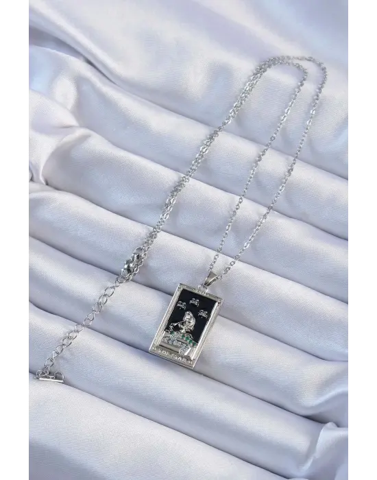  Zincir Gümüş  Zirkon Taşlı Siyah Mineli Kız Figürlü Tarot Çelik Kolye