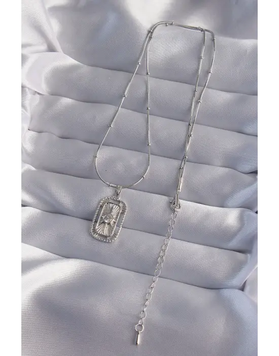  Zincir Gümüş  Zirkon Taşlı Tarot Çelik Kolye