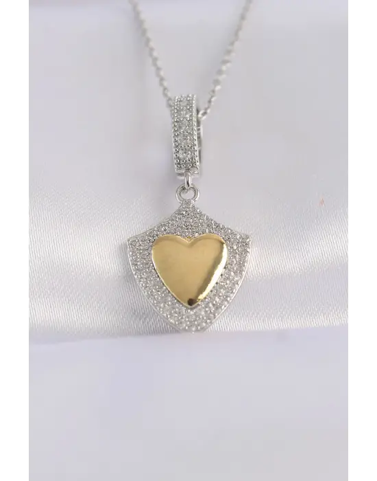  Zincir Gümüş  Zirkon Taşlı Tasarım Altın  Kalp Çelik Kolye