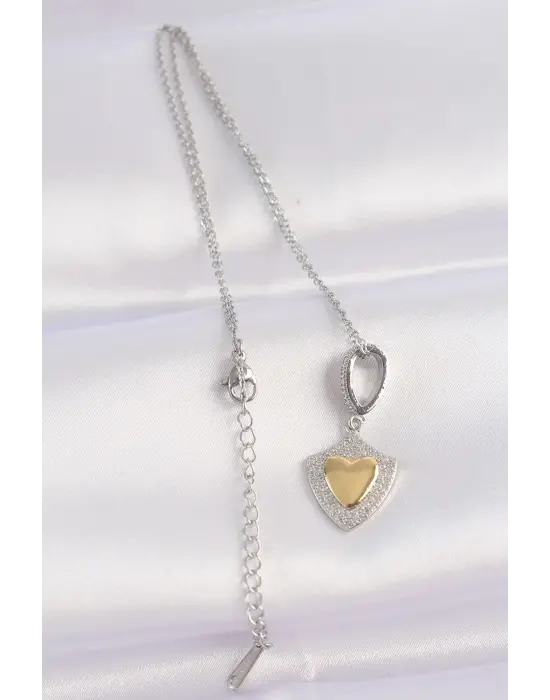  Zincir Gümüş  Zirkon Taşlı Tasarım Altın  Kalp Çelik Kolye
