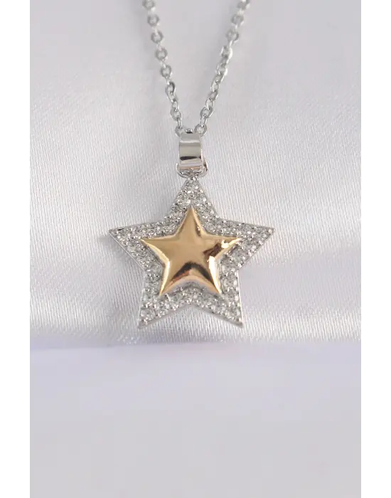  Zincir Gümüş  Zirkon Taşlı Tasarım Altın  Yıldız Çelik Kolye