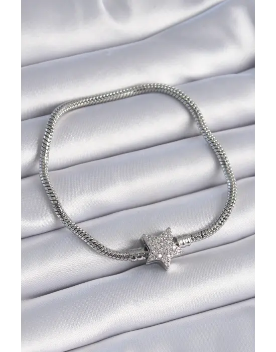 316L Çelik Zincir Gümüş Renk Zirkon Taşlı Yıldız Charm Model Kadın Bileklik