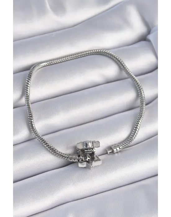 316L Çelik Zincir Gümüş Renk Zirkon Taşlı Yıldız Charm Model Kadın Bileklik