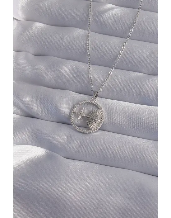  Zincir Gümüş  Zirkon Taşlı Yıldız Figürlü Oval Çelik Kolye