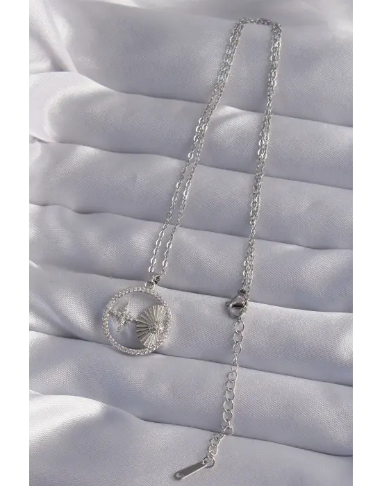  Zincir Gümüş  Zirkon Taşlı Yıldız Figürlü Oval Çelik Kolye