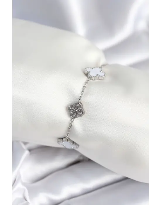 316L Çelik Zincir Gümüş Renk Zirkon Taşlı Yonca Beyaz Kadın Bileklik