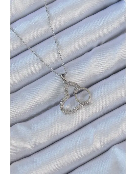  Zincir Gümüş  Zirkon Taşlı Yüzüklü Kalp Çelik Kolye