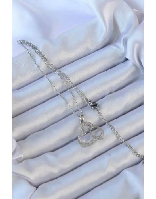  Zincir Gümüş  Zirkon Taşlı Yüzüklü Kalp Çelik Kolye