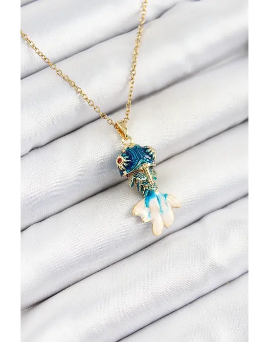 316L Çelik Zincir Mavi Balık Model Gold Renk Kadın Kolye