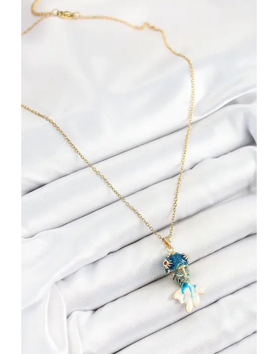 316L Çelik Zincir Mavi Balık Model Gold Renk Kadın Kolye