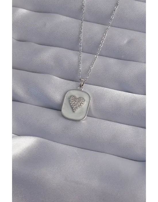  Zincir Mermer Desenli Gümüş  Zirkon Taşlı Kalp Model Çelik Kolye