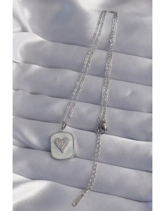  Zincir Mermer Desenli Gümüş  Zirkon Taşlı Kalp Model Çelik Kolye