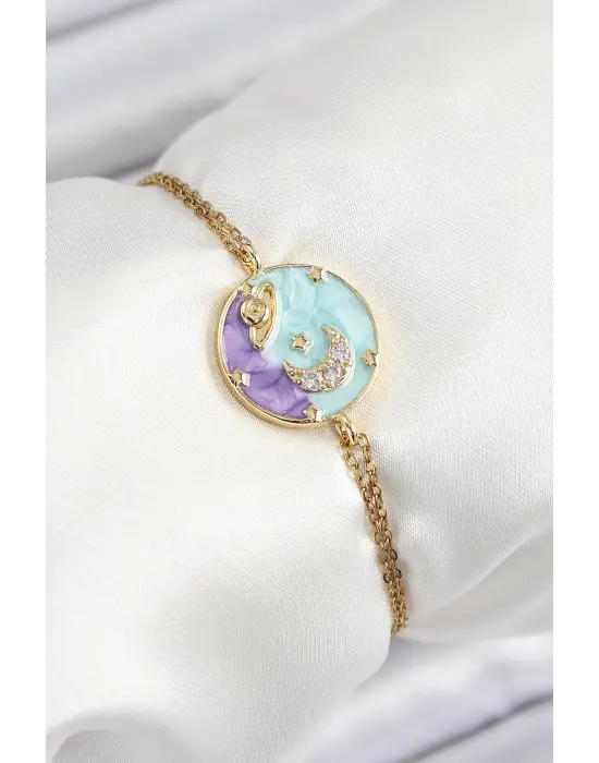 316L Çelik Zincir Mineli Sanatsal Portre Zirkon Taşlı Gezegen Model Gold Renk Kadın Bileklik