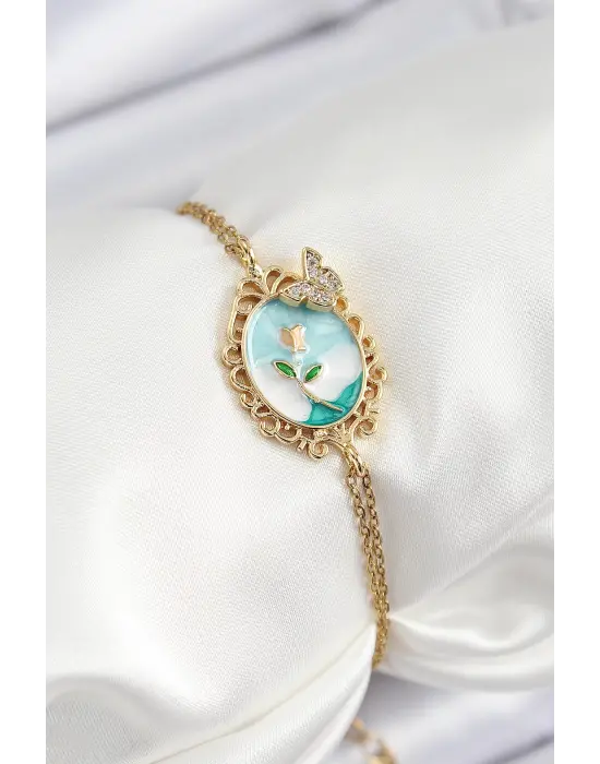 316L Çelik Zincir Mineli Sanatsal Portre Zirkon Taşlı Kelebek Detaylı Çiçek Model Gold Renk Kadın Bileklik