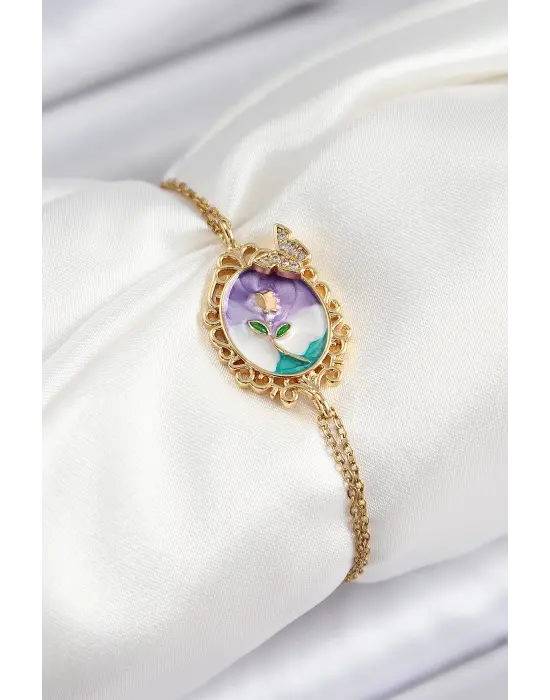 316L Çelik Zincir Mineli Sanatsal Portre Zirkon Taşlı Kelebek Detaylı Çiçek Model Gold Renk Kadın Bileklik