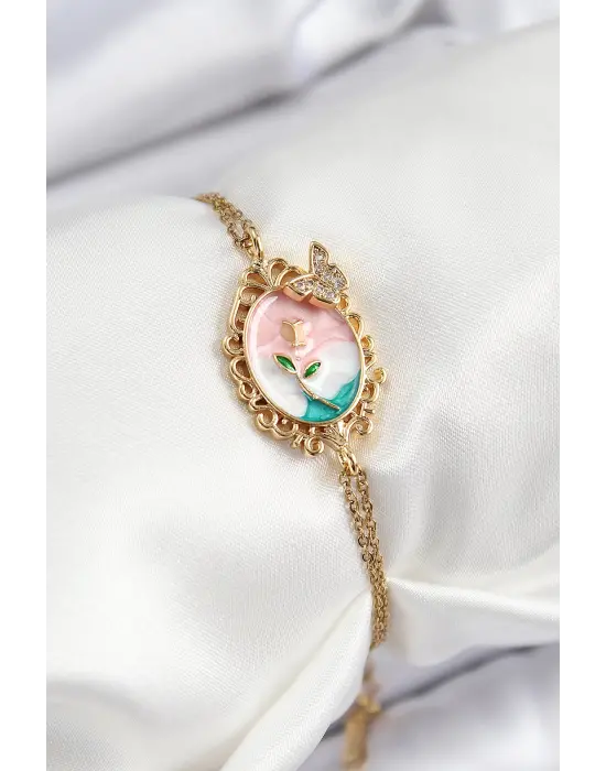 316L Çelik Zincir Mineli Sanatsal Portre Zirkon Taşlı Kelebek Detaylı Çiçek Model Gold Renk Kadın Bileklik