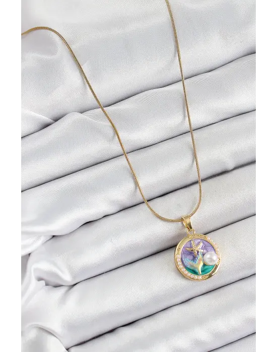 316L Çelik Zincir Mor Mineli Sanatsal Portre İnci Detaylı Deniz Yılıdızı Model Gold Renk Kadın Kolye