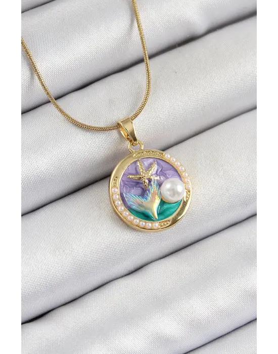 316L Çelik Zincir Mor Mineli Sanatsal Portre İnci Detaylı Deniz Yılıdızı Model Gold Renk Kadın Kolye