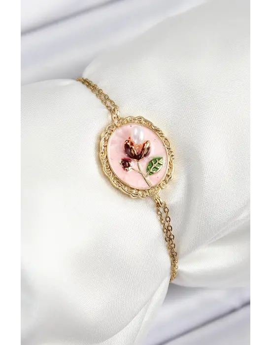 316L Çelik Zincir Pembe Mineli Sanatsal Portre İnci Detaylı Lale Model Gold Renk Kadın Bileklik