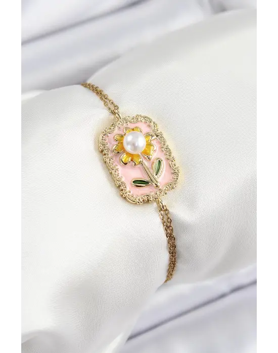 316L Çelik Zincir Pembe Mineli Sanatsal Portre İnci Detaylı Papatya Model Gold Renk Kadın Bileklik