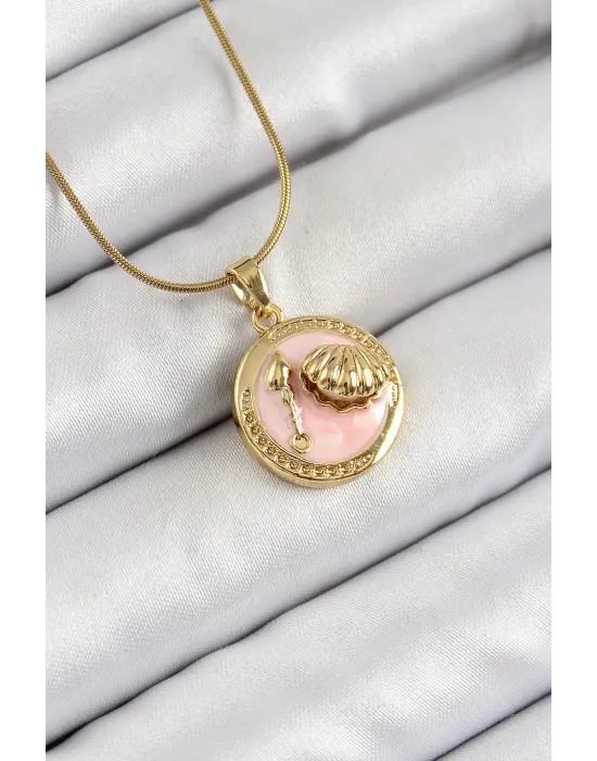 316L Çelik Zincir Pembe Mineli Sanatsal Portre İstiridye Model Gold Renk Kadın Kolye