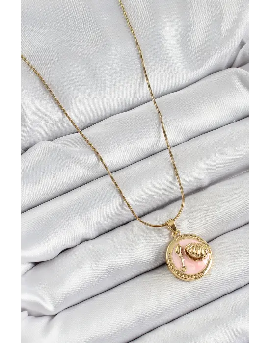 316L Çelik Zincir Pembe Mineli Sanatsal Portre İstiridye Model Gold Renk Kadın Kolye
