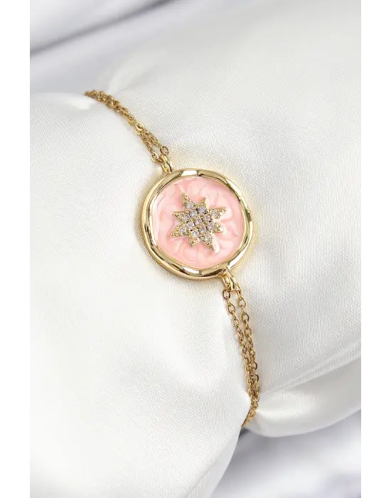 316L Çelik Zincir Pembe Mineli Sanatsal Portre Kuzey Yıldızı Model Gold Renk Kadın Bileklik