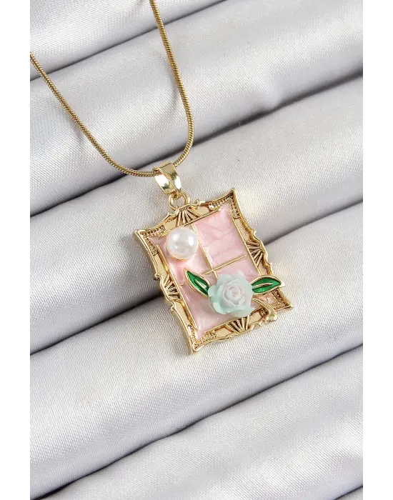 316L Çelik Zincir Pembe Sanatsal Portre İnci Detaylı Gül Figürlü Model Gold Renk Kadın Kolye