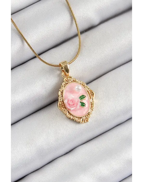 316L Çelik Zincir Pembe Sanatsal Portre İnci Detaylı Gül Figürlü Model Gold Renk Kadın Kolye