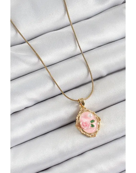 316L Çelik Zincir Pembe Sanatsal Portre İnci Detaylı Gül Figürlü Model Gold Renk Kadın Kolye