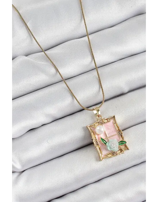 316L Çelik Zincir Pembe Sanatsal Portre İnci Detaylı Gül Figürlü Model Gold Renk Kadın Kolye