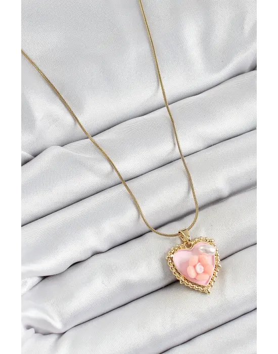 316L Çelik Zincir Pembe Sanatsal Portre İnci Detaylı Papatya Figürlü Kalp Model Gold Renk Kadın Kolye