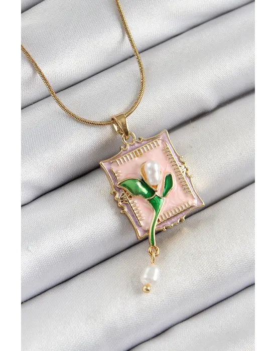 316L Çelik Zincir Pembe Sanatsal Portre Sallantılı İnci Detaylı Lale Model Gold Renk Kadın Kolye