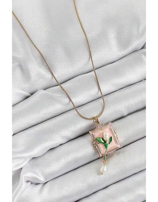 316L Çelik Zincir Pembe Sanatsal Portre Sallantılı İnci Detaylı Lale Model Gold Renk Kadın Kolye