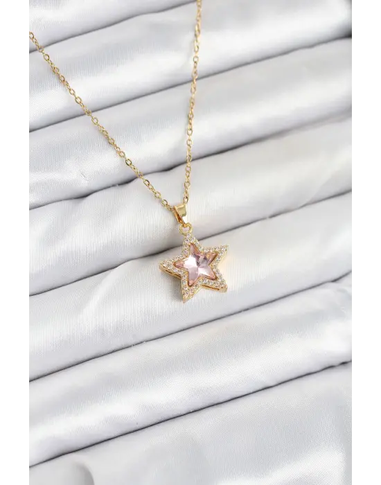 316L Çelik Zincir Pembe Taşlı Yıldız Model Kadın Kolye