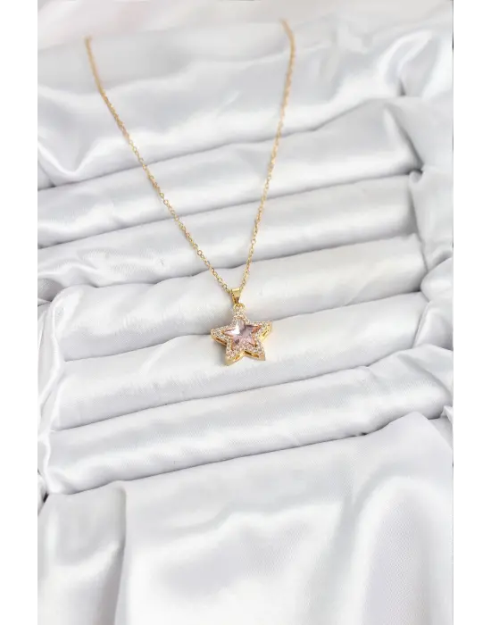 316L Çelik Zincir Pembe Taşlı Yıldız Model Kadın Kolye