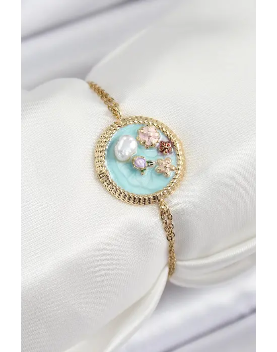 316L Çelik Zincir Turkuaz Mineli Sanatsal Portre İnci Detaylı Çiçek Model Gold Renk Kadın Bileklik