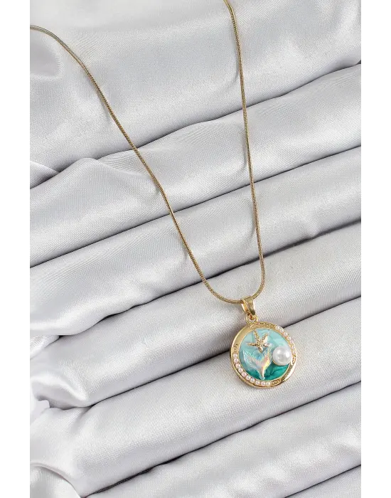 316L Çelik Zincir Turkuaz Mineli Sanatsal Portre İnci Detaylı Deniz Yılıdızı Model Gold Renk Kadın Kolye