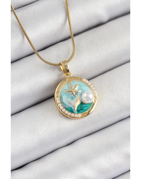 316L Çelik Zincir Turkuaz Mineli Sanatsal Portre İnci Detaylı Deniz Yılıdızı Model Gold Renk Kadın Kolye