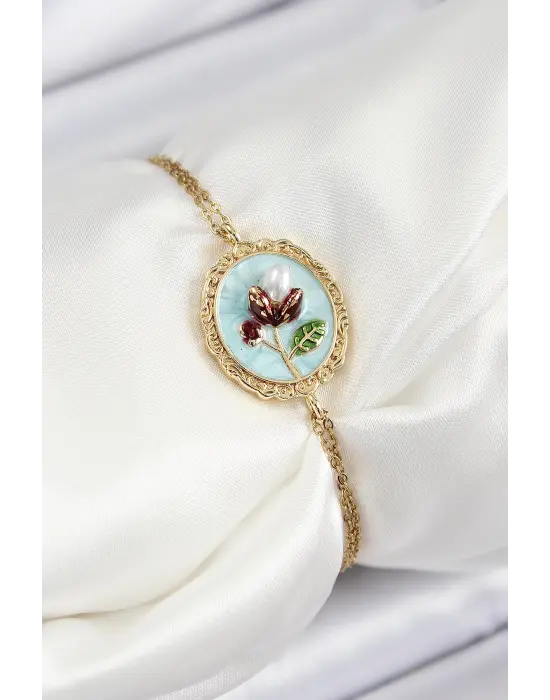 316L Çelik Zincir Turkuaz Mineli Sanatsal Portre İnci Detaylı Lale Model Gold Renk Kadın Bileklik