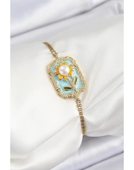 316L Çelik Zincir Turkuaz Mineli Sanatsal Portre İnci Detaylı Papatya Model Gold Renk Kadın Bileklik