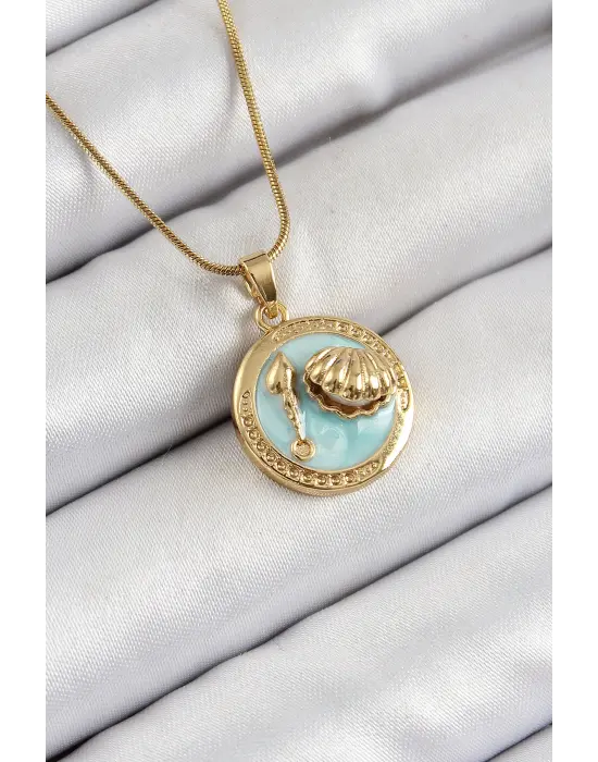 316L Çelik Zincir Turkuaz Mineli Sanatsal Portre İstiridye Model Gold Renk Kadın Kolye