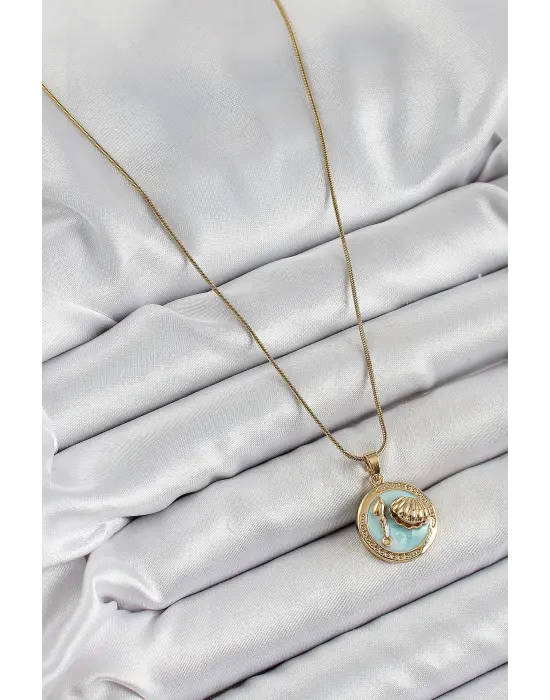316L Çelik Zincir Turkuaz Mineli Sanatsal Portre İstiridye Model Gold Renk Kadın Kolye