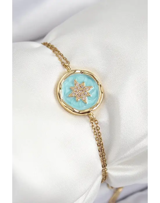 316L Çelik Zincir Turkuaz Mineli Sanatsal Portre Kuzey Yıldızı Model Gold Renk Kadın Bileklik